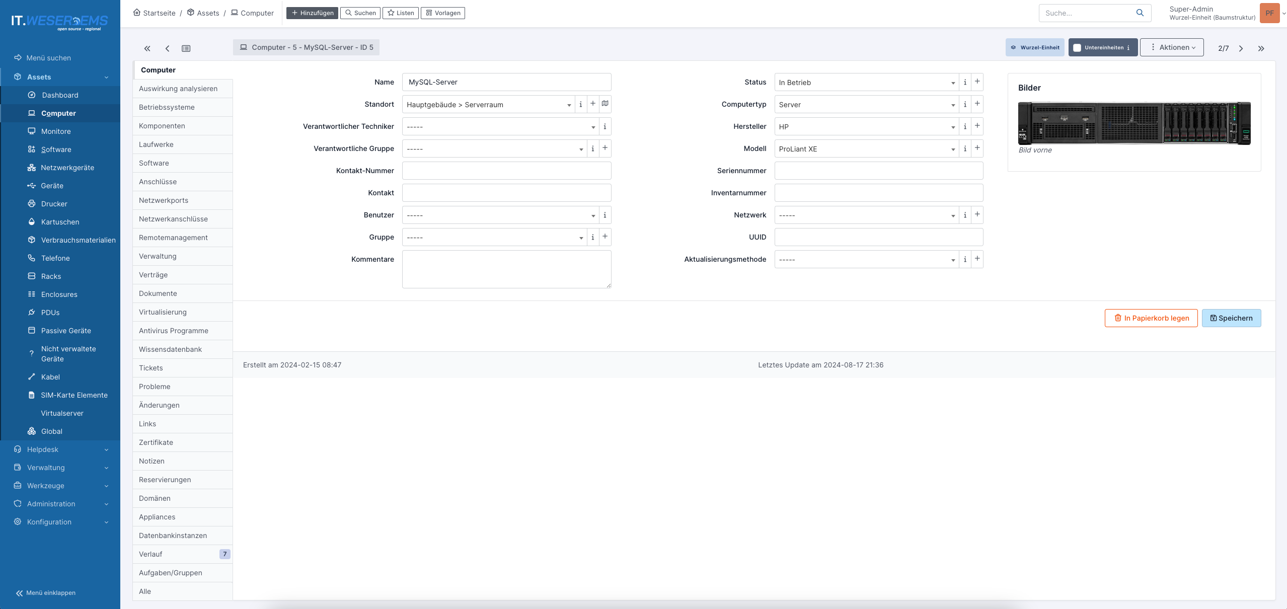GLPI Detailansicht eines IT-Assets als Beispiel für eine Open-Source-CMDB