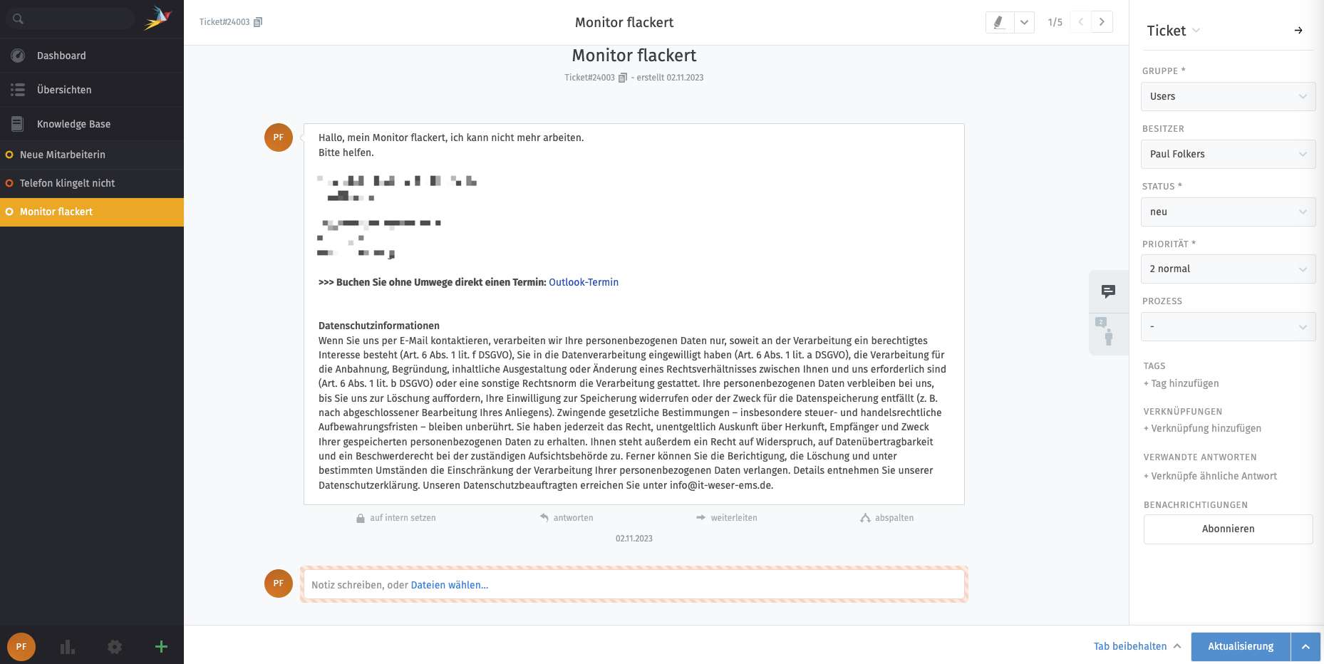 ITSM-Ticket System/Helpdesk Zammad 6 mit einem Ticket als Detailansicht