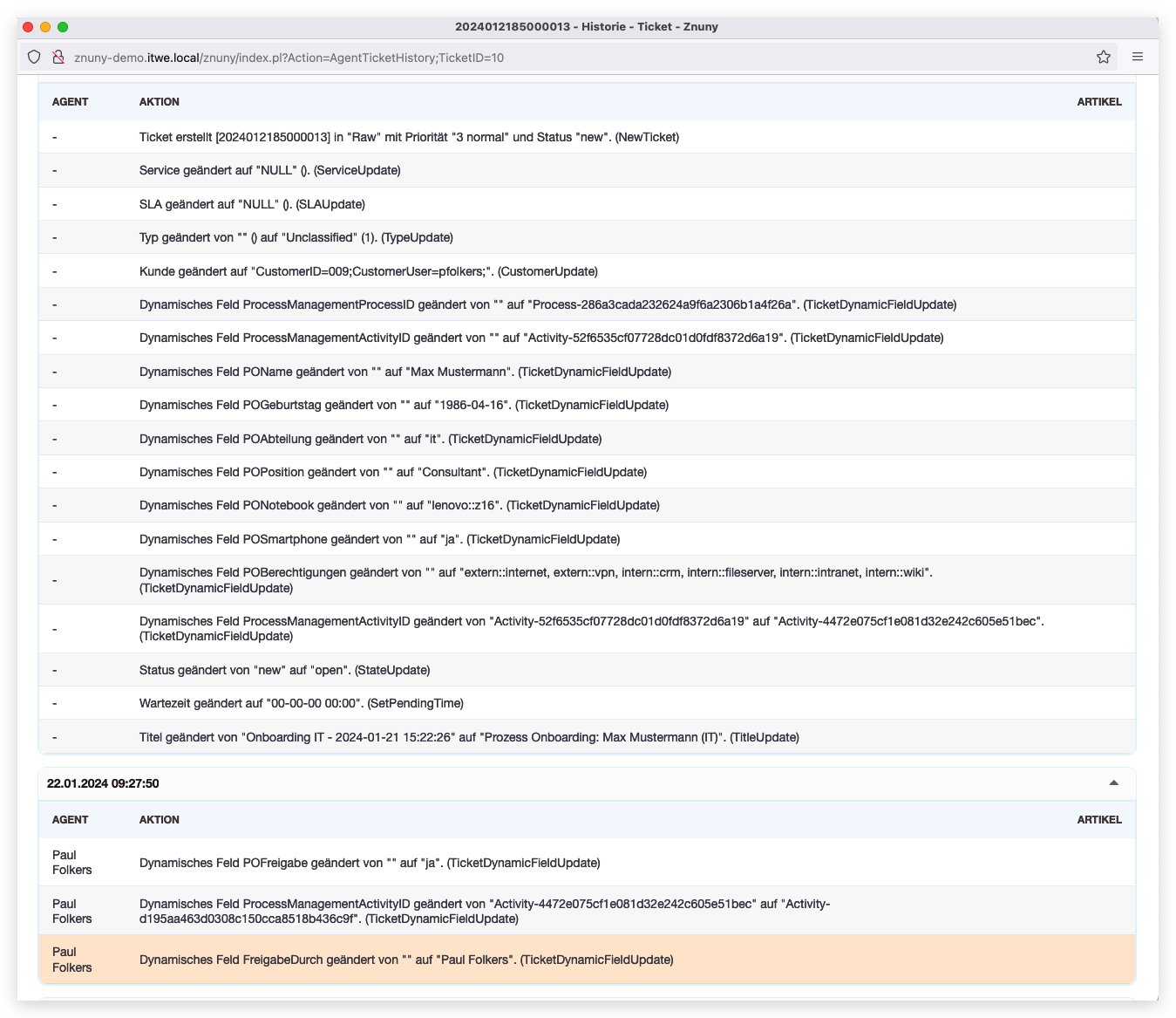 Onboarding-Prozess: Ticket-Historie (Auszug)